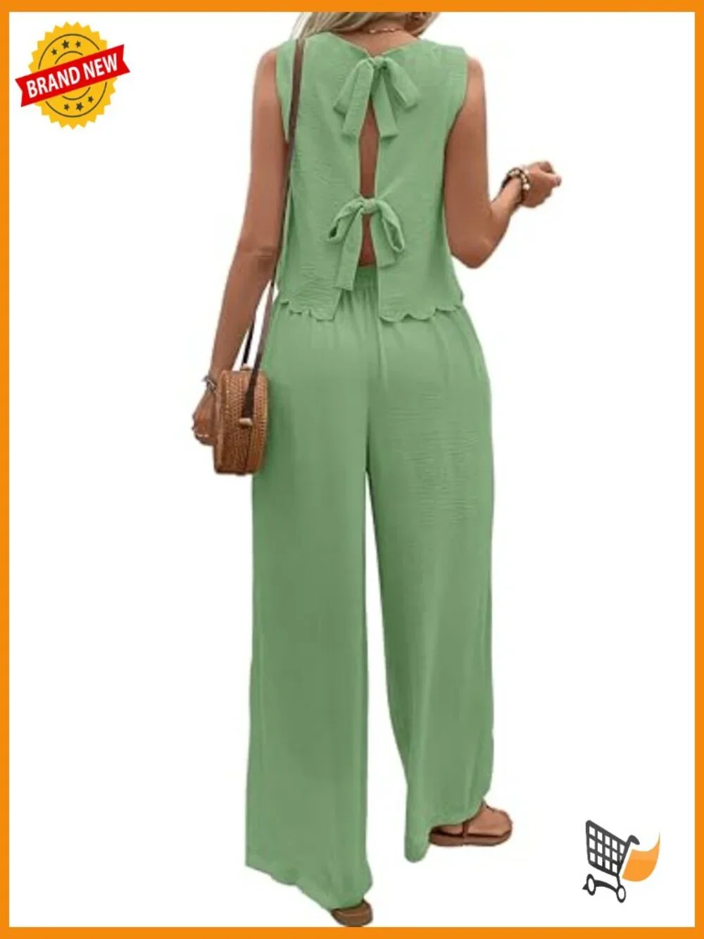 Two Piece Linen Feel Wide Leg Pants Set Sleeveless Cropped Top Matching